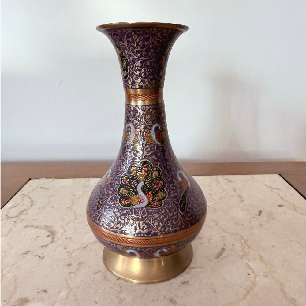 Vintage Indian Brass Vase Hand Etched Peacock Floral Design Meenakari Enamel 7”